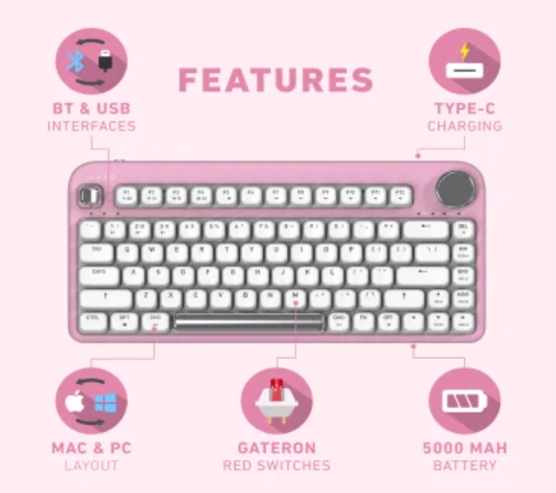 Azio IZO Bluetooth® and USB Mechanical Computer Keyboard with Blue Switches, for Mac® and PC, Mini (Pink Blossom)