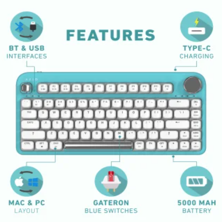 Azio IZO Bluetooth® and USB Mechanical Computer Keyboard with Red Switches (Mint Daisy)